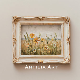 Poster Vintage Wildflower Field Painting Primavera Landsc