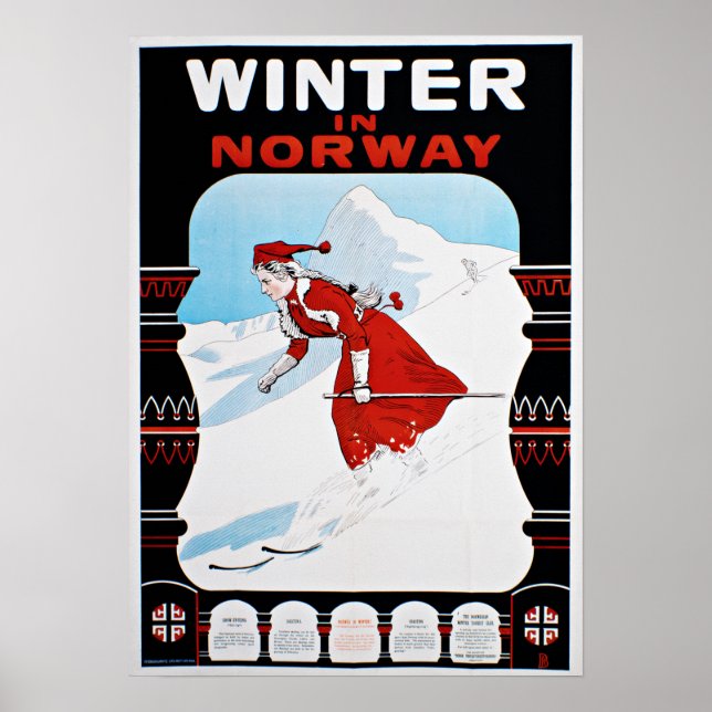 Poster Vintage Winter in Norway Skiing Viagem (Frente)