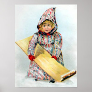 Poster Vintage Winter Sledim Girl