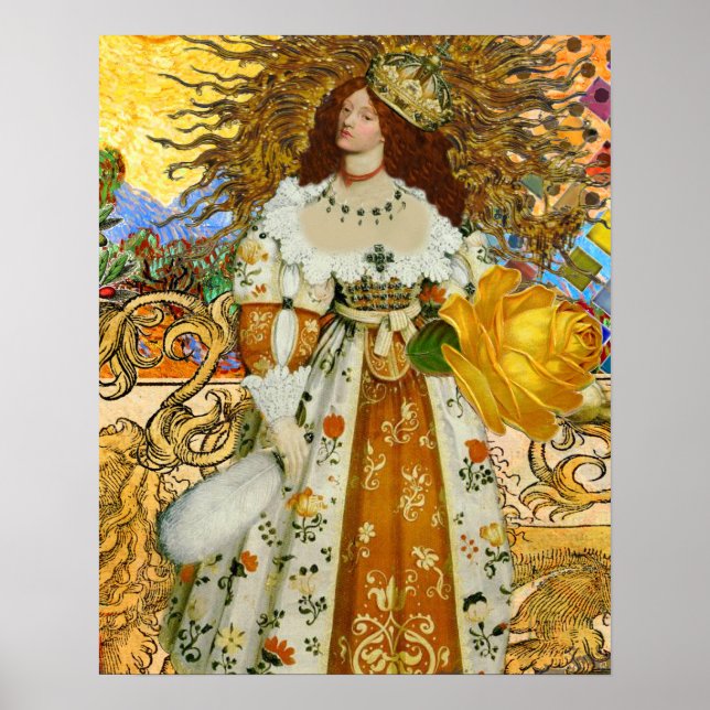 Póster Vintage Woman Ouro Sun: Leo Zodiac Collage Art (Frente)