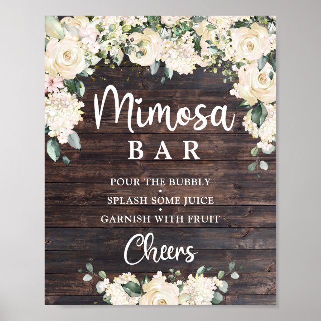 Poster Vintage wood greenere white floral mimosa bar (Frente)