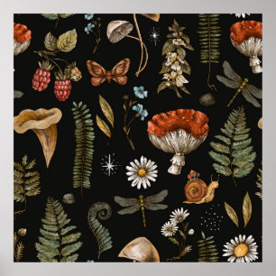 Poster Vintage Woodland Natureza sem costura. Amanita