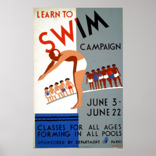 Póster Vintage WPA Aprenda à campanha de Natação