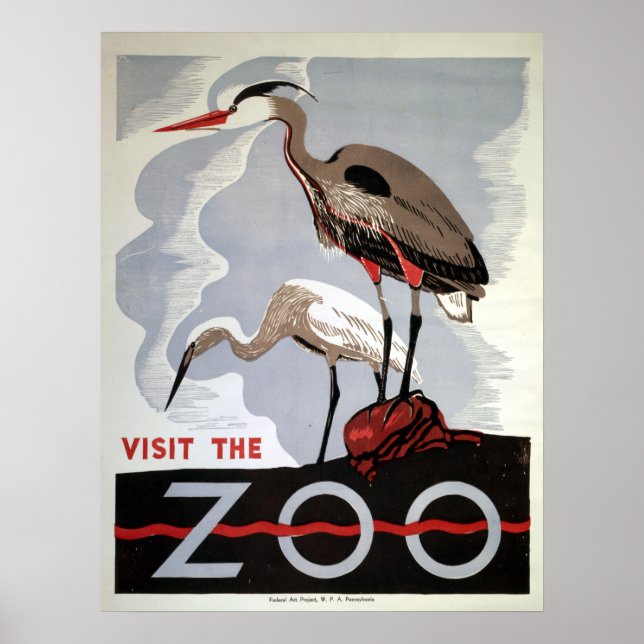 Póster Vintage WPA Visite Zoo Heron e Egret (Frente)