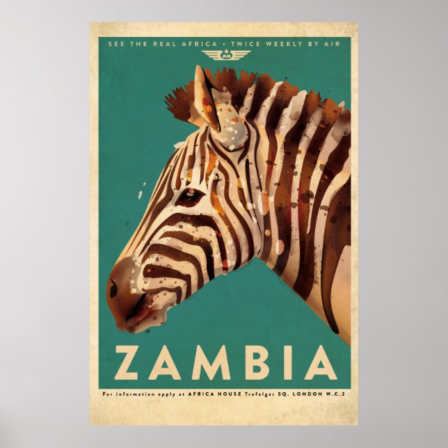 Poster Vintage Zambia Zebra Viagem (Frente)