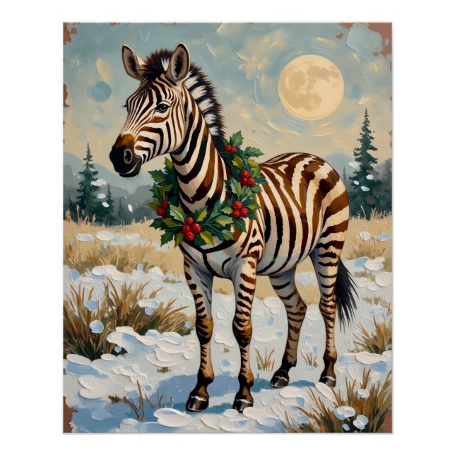 Póster Vintage Zebra in Snowy Christmas Field (Frente)