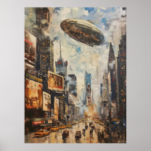 Poster Vintage Zeppelin Airship Oil Painting New York Met