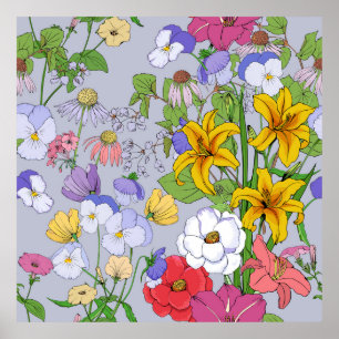 Poster Vintagem contínua de fundo floral. Lírios, Pansie