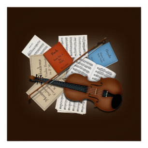Póster Viola & Arco Com Livros & Folhas Musicais Personal