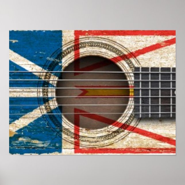 Póster Violão Acústico Antigo com Bandeira da Terra Nova (Frente)