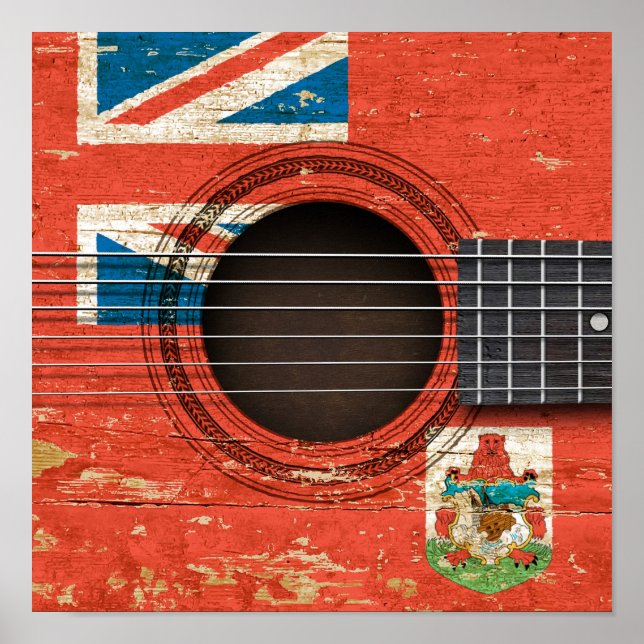 Póster Violão Acústico Antigo com Bandeira das Bermudas (Frente)
