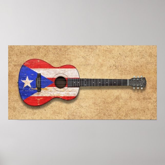 Póster Violão acústico com bandeira de Porto Rico vestido (Frente)