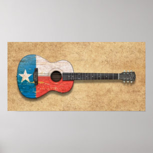 Poster Violão Acústico Sinalizador do Texas Envelhecido e