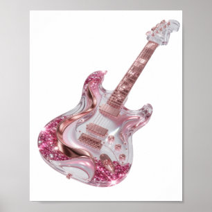 Poster Violão Elétrico com Brilho Rosa Prata Dinâmico