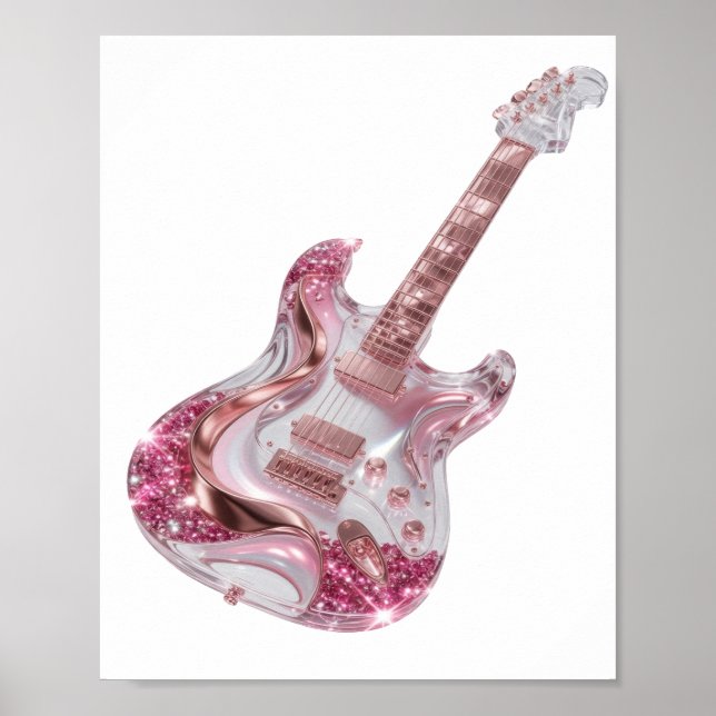 Poster Violão Elétrico com Brilho Rosa Prata Dinâmico (Frente)