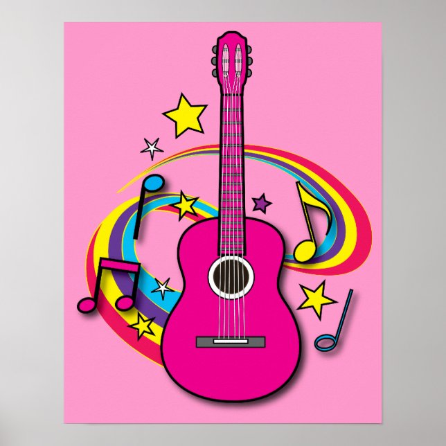 Poster Violão rosa com música e arco-íris (Frente)