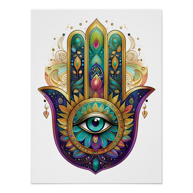 Póster Violet Green Gold Petals Hamsa Turquoise Third Eye (Frente)