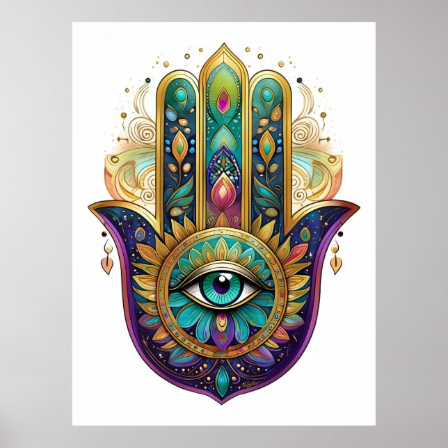 Poster Violet Green Gold Petals Hamsa Turquoise Third Eye (Frente)