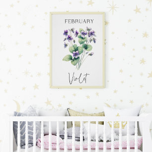 Póster Violeta Floral do Mês de Nascimento de Fevereiro