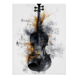 Póster Violino cercado por notas musicais