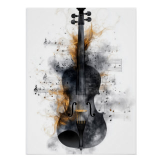 Póster Violino cercado por notas musicais