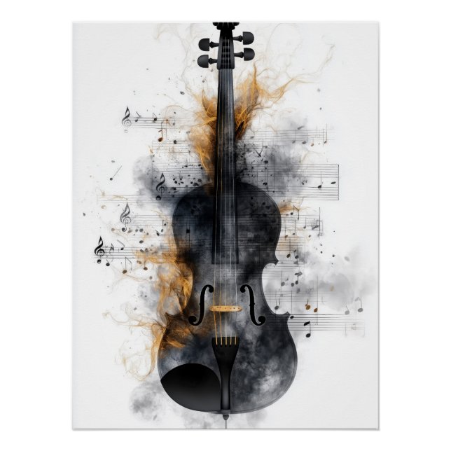 Póster Violino cercado por notas musicais (Frente)