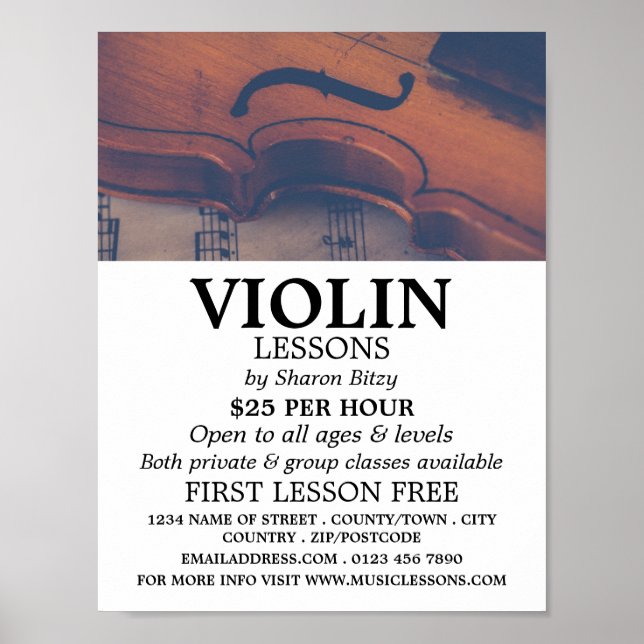 Poster Violino Clássico, Publicidade de Lições Violinas (Frente)