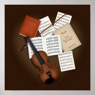 Poster Violino em uma pilha de músicas personalizável