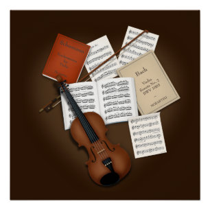 Póster Violino em uma pilha de músicas personalizável