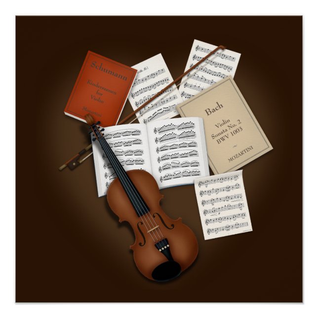 Póster Violino em uma pilha de músicas personalizável (Frente)