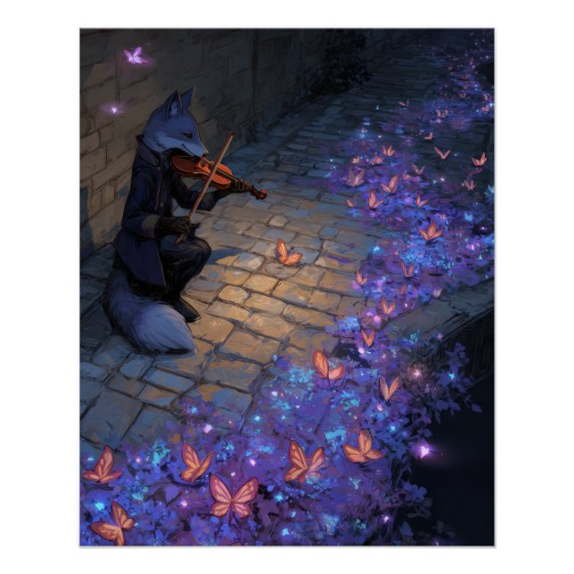 Póster Violino Mágico Raposa com Borboletas Brilhantes Ar (Frente)