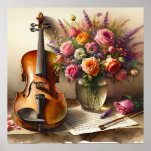 Poster Violino, Música Folha e Vaso de Flores