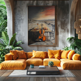 Poster Violino surreal e ampulheta na Mesa deserta