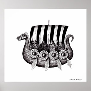 Póster Viquingues no desenho preto e branco da tinta da