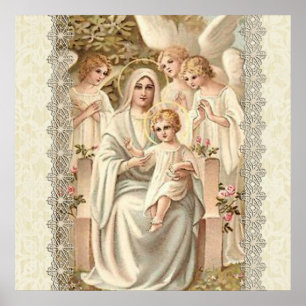 Póster Virgem Madonna Mary com Criança Jesus e Anjos