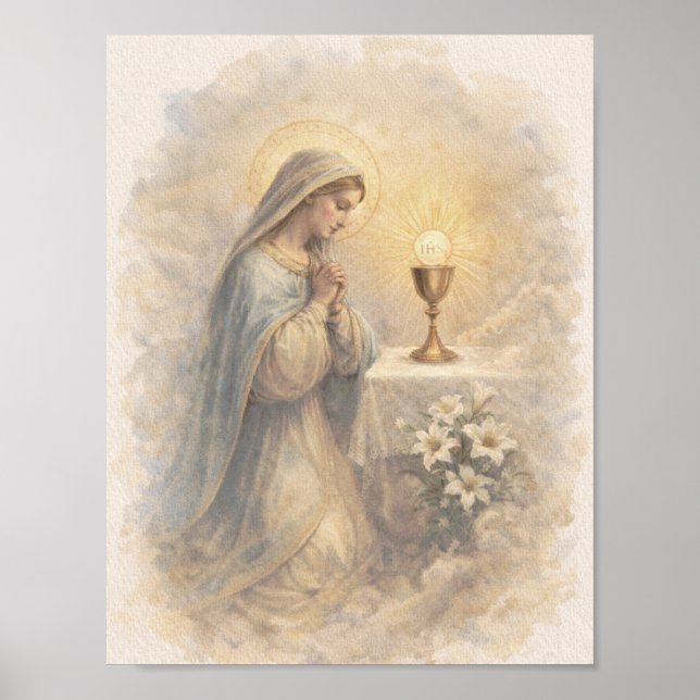 Poster Virgem Maria abençoada venerando a Eucaristia (Frente)