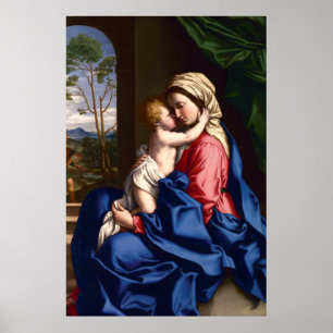 Póster Virgin e criança que abraçam por Sassoferrato