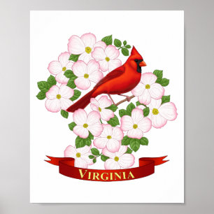 Póster Virginia State Cardinal Bird e Dogwood Flower