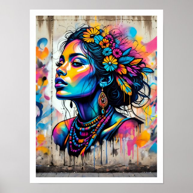 Poster Visage Flower Power d'une femme hippie  (Frente)