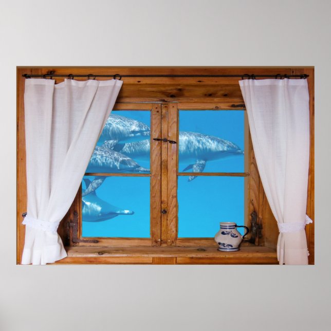 Póster Visão da janela Faux Golfinhos Submarinos Fundo do (Frente)
