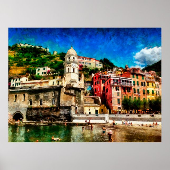 Poster Visão de Vernazza, Itália. Conto de pintura aquosa (Frente)