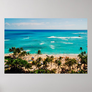 Póster Visão Elevada Da Cena De Praia De Waikiki, Honolu
