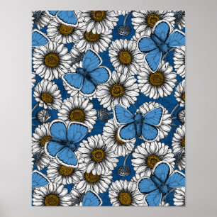 Poster Visitas, flores brancas silvestres e borboletas az