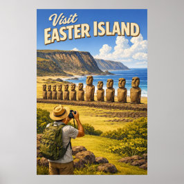 Poster Visite a Ilha de Páscoa - Cartaz de Viagem Vintage