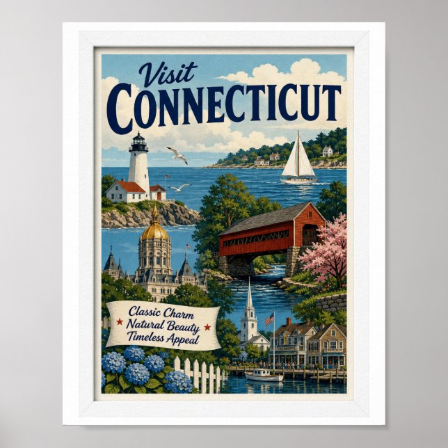 Poster Visite Connecticut Viagem Vintage (Frente)