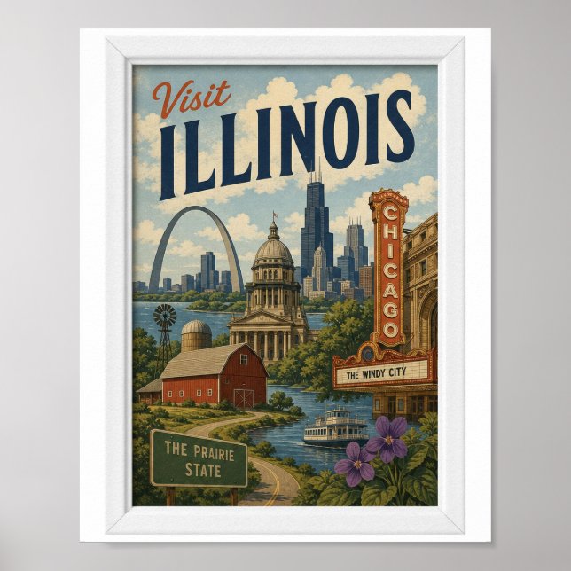 Poster Visite Illinois Viagem Vintage (Frente)