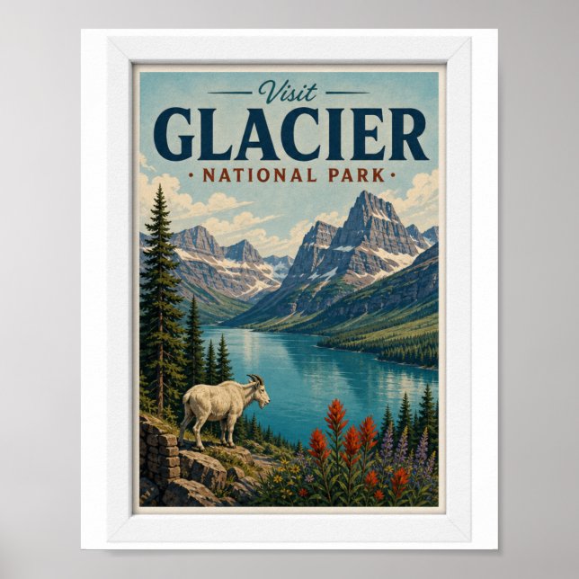 Poster Visite o Parque Nacional Glacier Viagem Vintage (Frente)