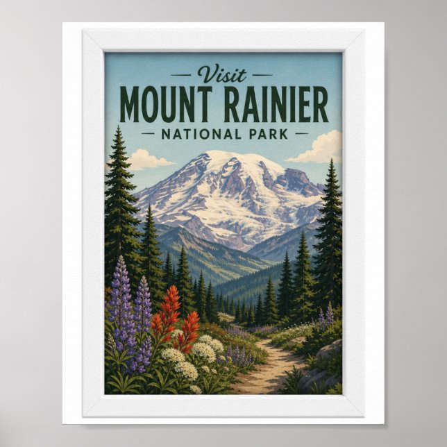 Poster Visite o Parque Nacional Mount Rainier Viagem Vint (Frente)