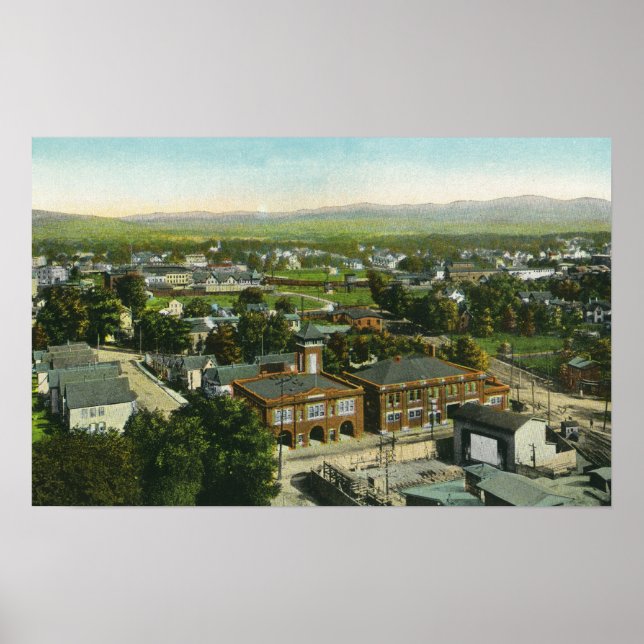 Poster Vista aérea da cidade, estação de bombeiros e muni (Frente)