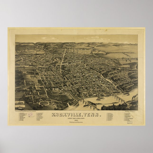 Póster Vista aérea de Knoxville Tennessee, de 1886 (Frente)